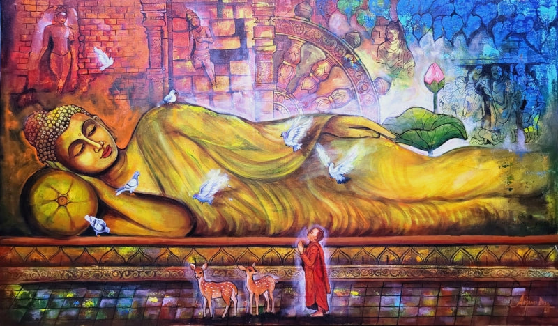 'Sleeping Buddha' religious acrylic painting by artist Arjun Das, 36x60 inch, on canvas