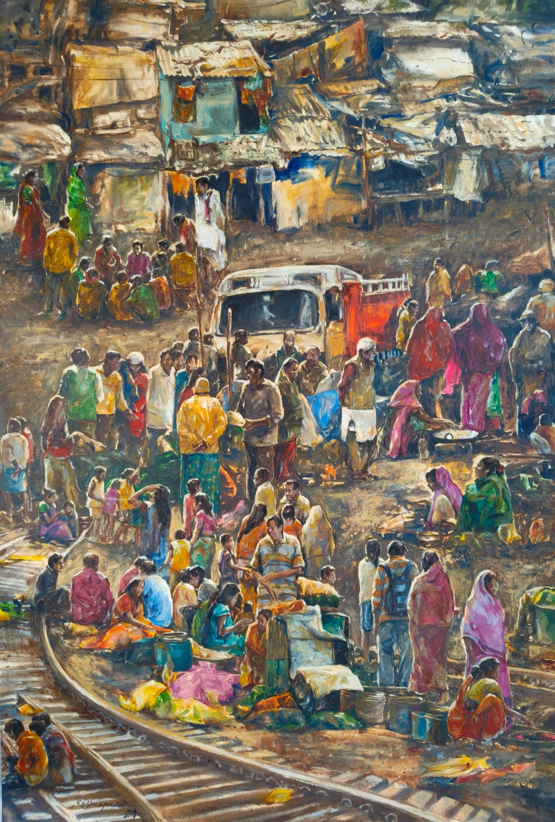 Slum 1' figurative watercolor painting by artist Krishnapada Maity, 44x30 inch, on paper