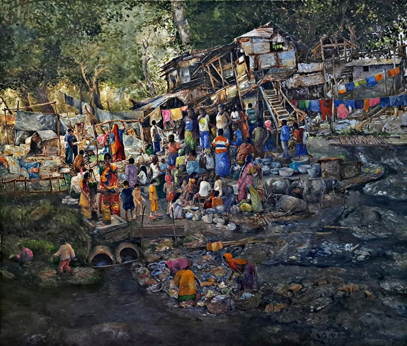 Slum 3' figurative watercolor painting by artist Krishnapada Maity, 55x65 inch, on paper
