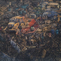 Slum' figurative mixed-media painting by artist Krishnapada Maity, 44x55 inch, on paper