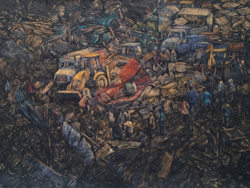 Slum' figurative mixed-media painting by artist Krishnapada Maity, 44x55 inch, on paper