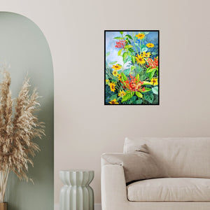 In-situ view of Vishwajyoti Mohrhoff's 'Small Sunflowers And Ixora Coccinea (Golden Rhapsody: Sunflowers and Ixora)' painting in a room