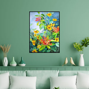 Preview of 'Small Sunflowers And Ixora Coccinea (Golden Rhapsody: Sunflowers and Ixora)' Painting by Vishwajyoti Mohrhoff shown on a wall in a furnished room.