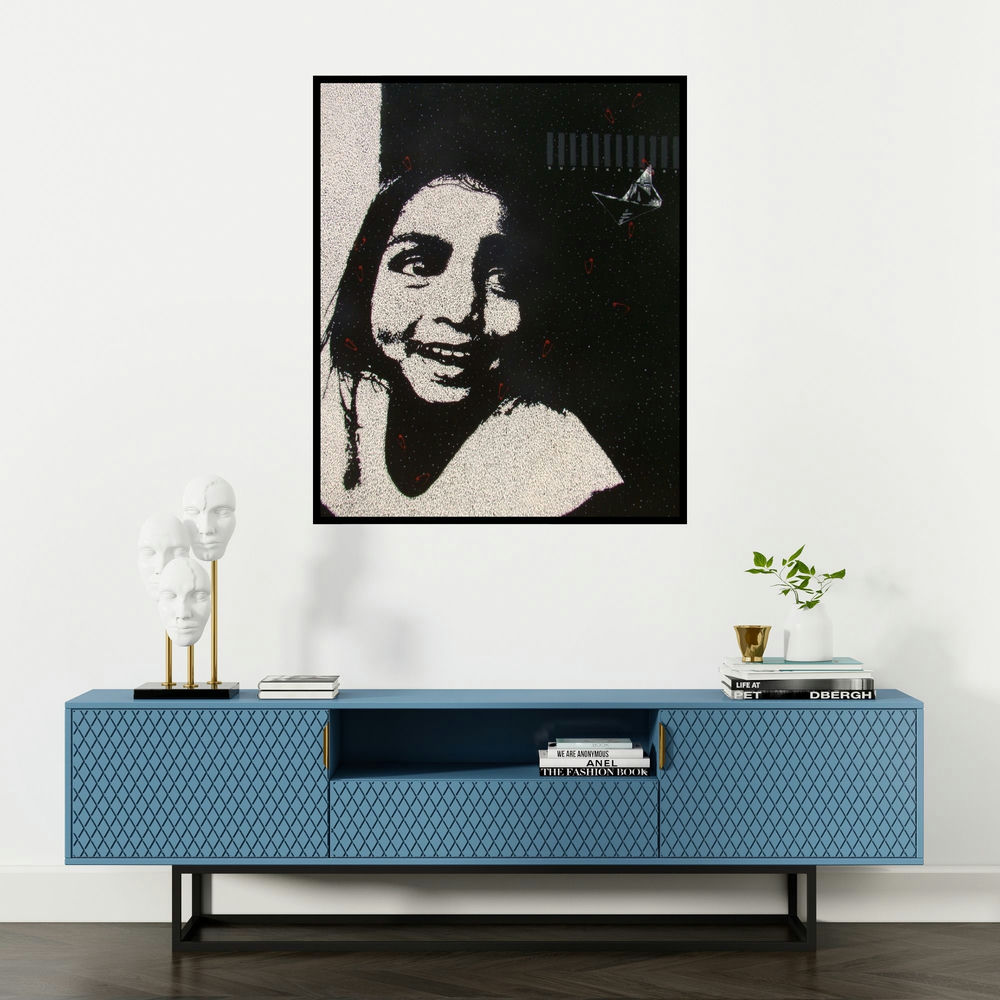 Sujit Karmakar's 'Smile (Paper Boat Dreams)' painting visualized above a sofa in a contemporary room.