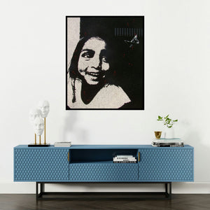 Sujit Karmakar's 'Smile (Paper Boat Dreams)' painting visualized above a sofa in a contemporary room.