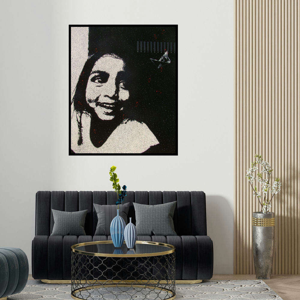 'Smile (Paper Boat Dreams)' painting by Sujit Karmakar shown on a wall in a furnished room.