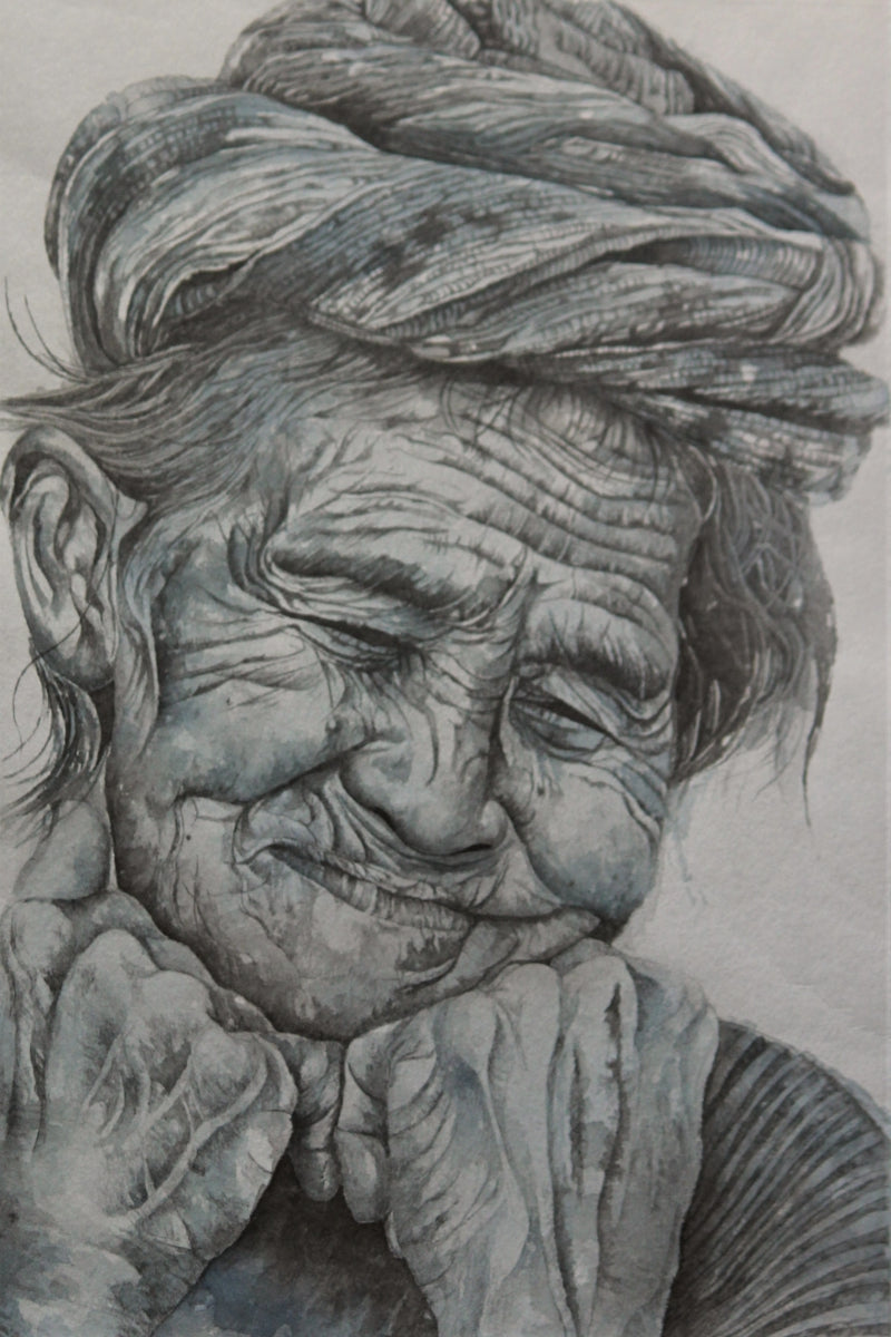 Smile' portrait mixed-media painting by artist Anjana Sihag, 30x19 inch, on paper