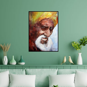 Preview of 'Smile In The Evening' Painting by Abdul Salim shown on a wall in a furnished room.