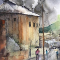 Cityscape watercolor painting titled 'Smoke From Cottage', 13x9 inches, by artist Mohd Qaseem Farooqui on French Paper