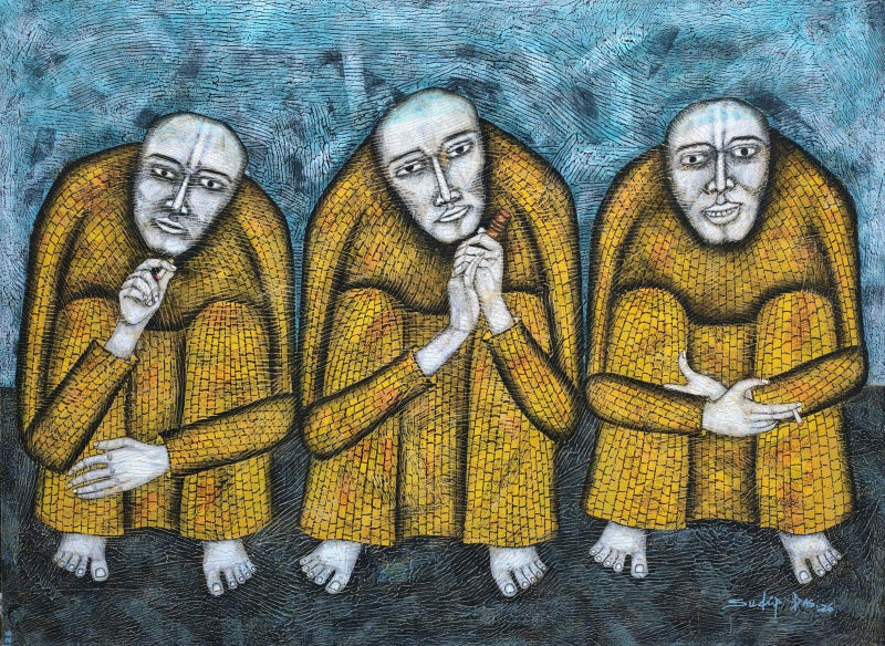 Smokers' figurative tempera painting by artist Sudip Das, 36x48 inch, on canvas board