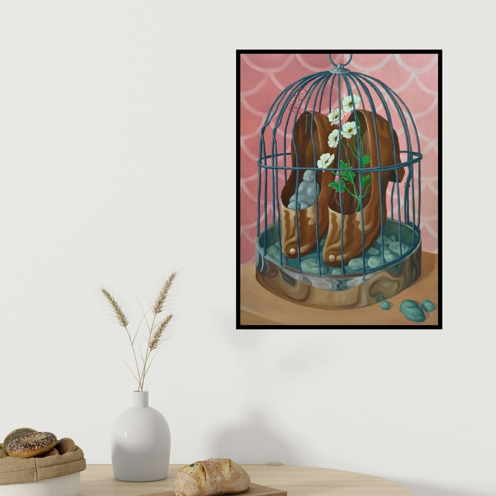 Tarun Rajvansi's 'Culture Of Domesticity (Trapped)' painting visualized above a sofa in a contemporary room.