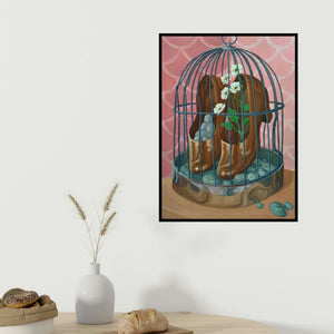 Tarun Rajvansi's 'Culture Of Domesticity (Trapped)' painting visualized above a sofa in a contemporary room.