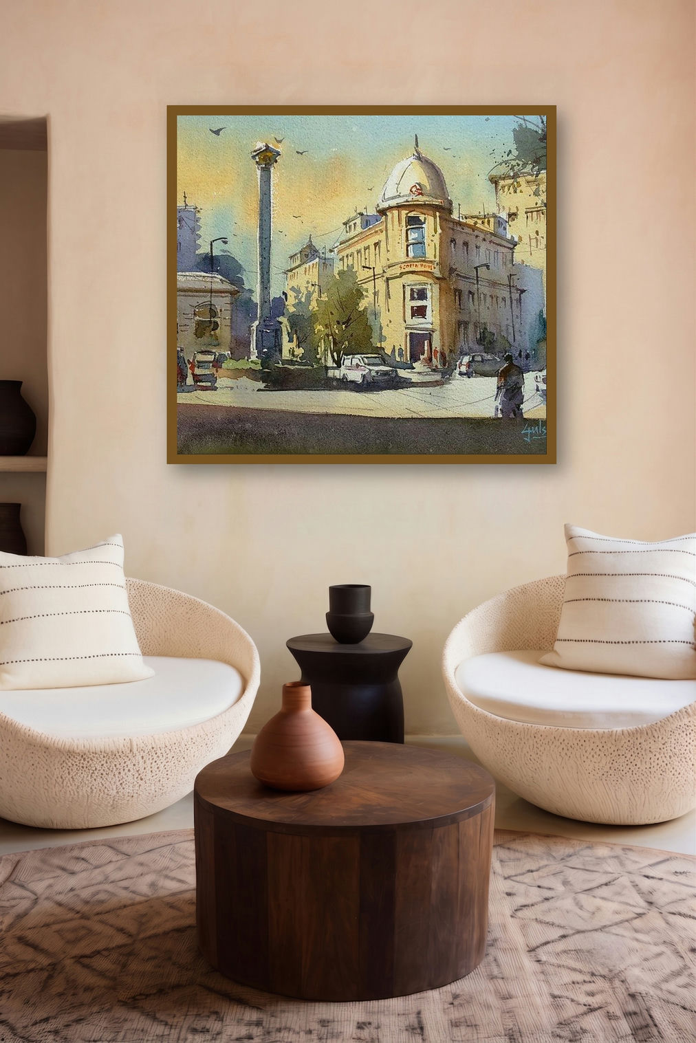 Soak In The Afternoon (Afternoon City) by artist Gulshan Achari displayed in a Museum Style gallery