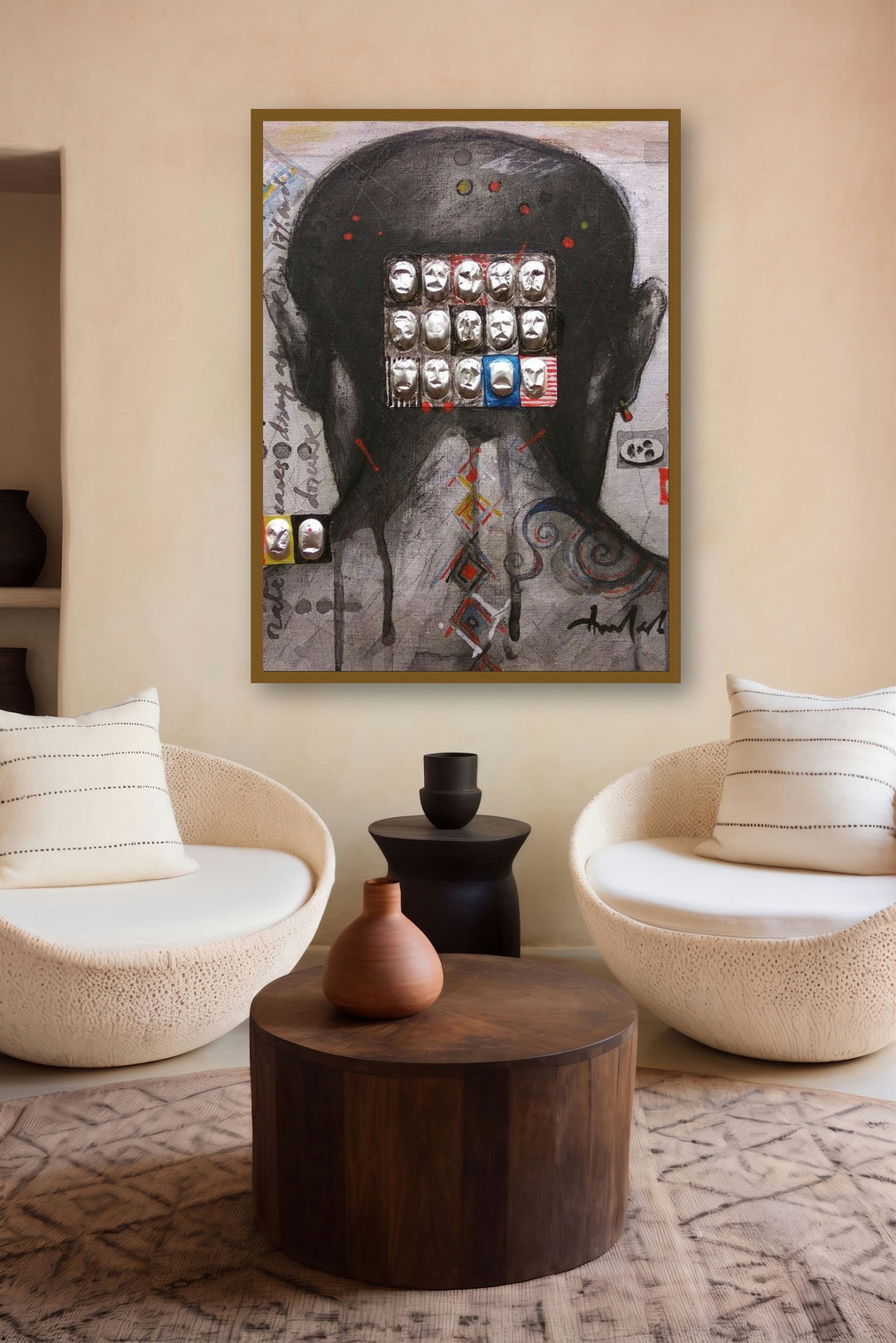 Society 1 (The Masks We Wear) by artist Amalesh Das displayed in a Luxury gallery