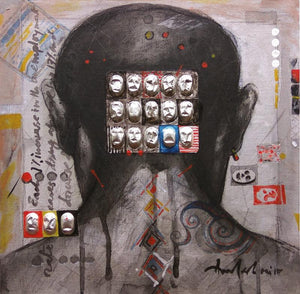 Society 1 (The Masks We Wear) by Amalesh Das, Original Mixed Media Contemporary Painting on Canvas Board, X-Small Square Wall Art