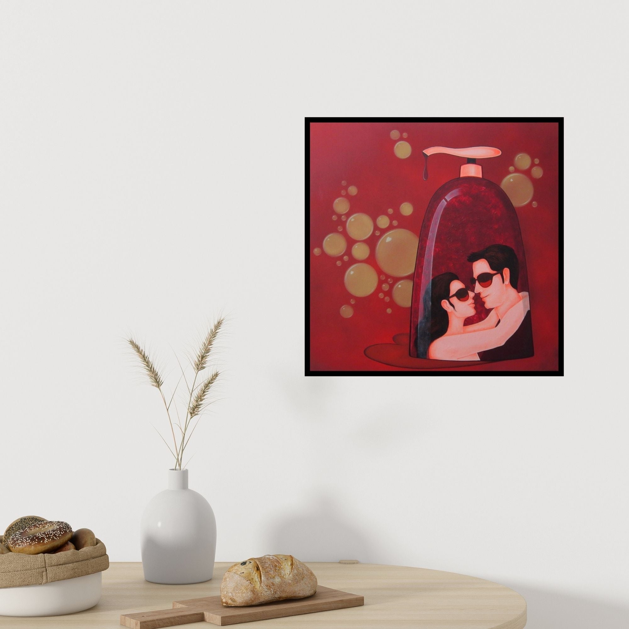 Preview of 'Socio Economic Love 1' Painting by Praveen Nair shown on a wall in a furnished room.