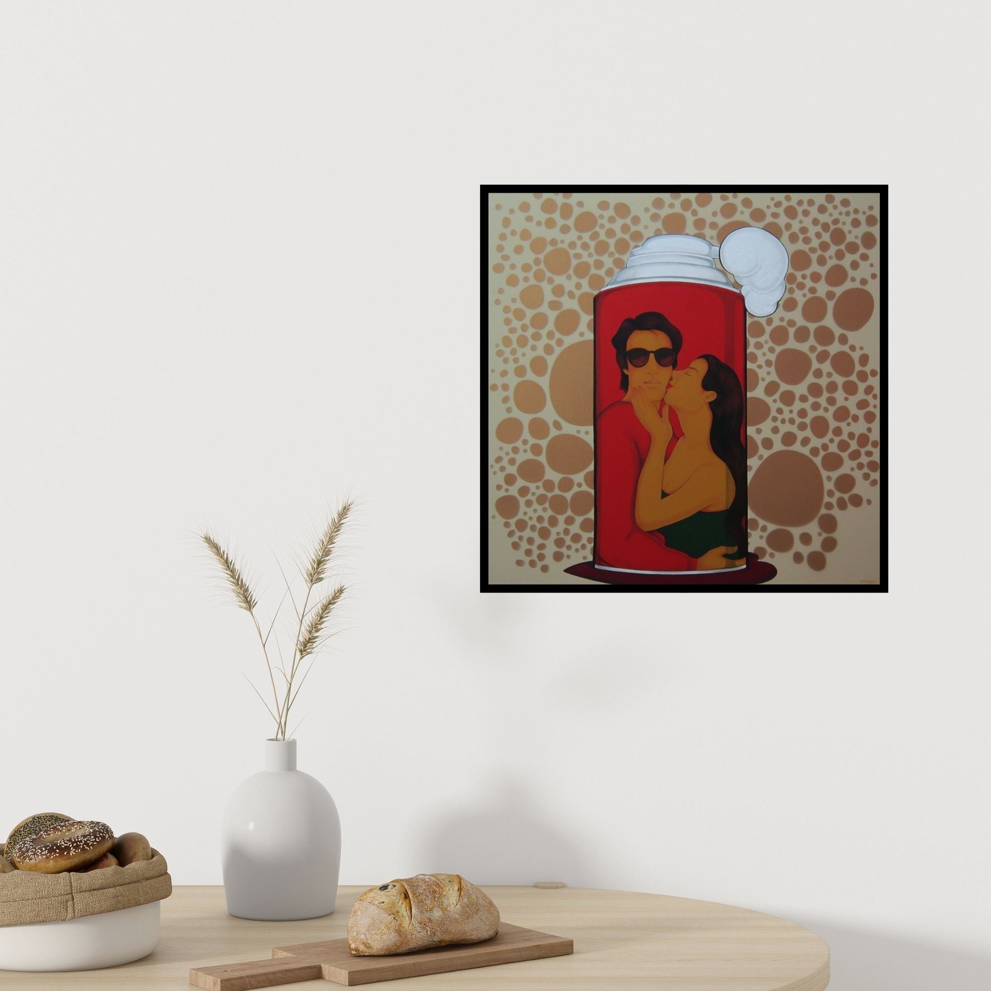 Preview of 'Socio Economic Love 2' Painting by Praveen Nair shown on a wall in a furnished room.