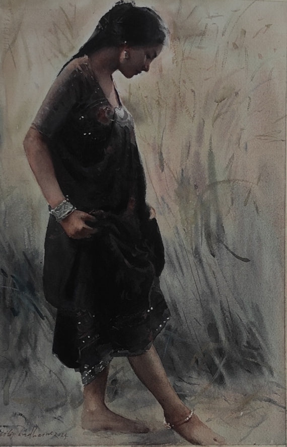 Soft Echoes' figurative watercolor painting by artist Dilip Dudhane, 15x12 inch, on paper