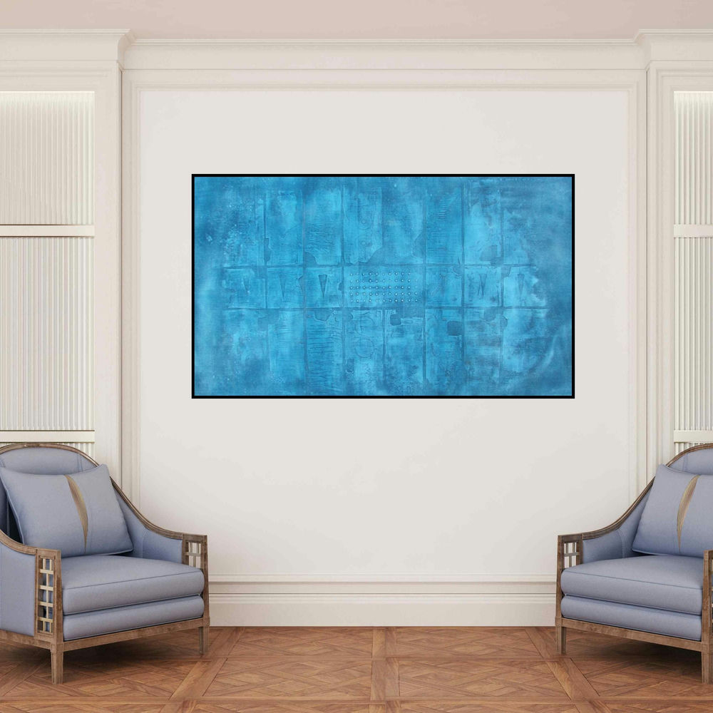 'Solid Blue Abstarct I' painting by Mohit Bhatia shown on a wall in a furnished room.