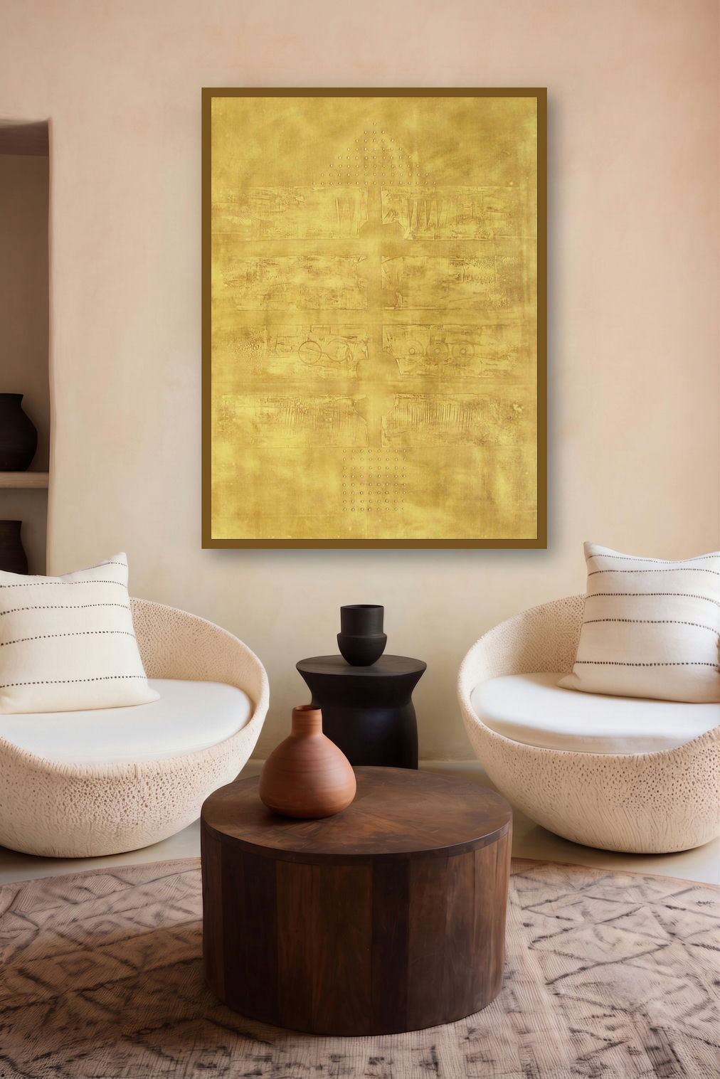 Solid Golden Abstract I by artist Mohit Bhatia displayed in a Museum Style gallery