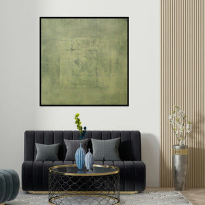 Mohit Bhatia's 'Solid Green Abstract I' painting visualized above a sofa in a contemporary room.