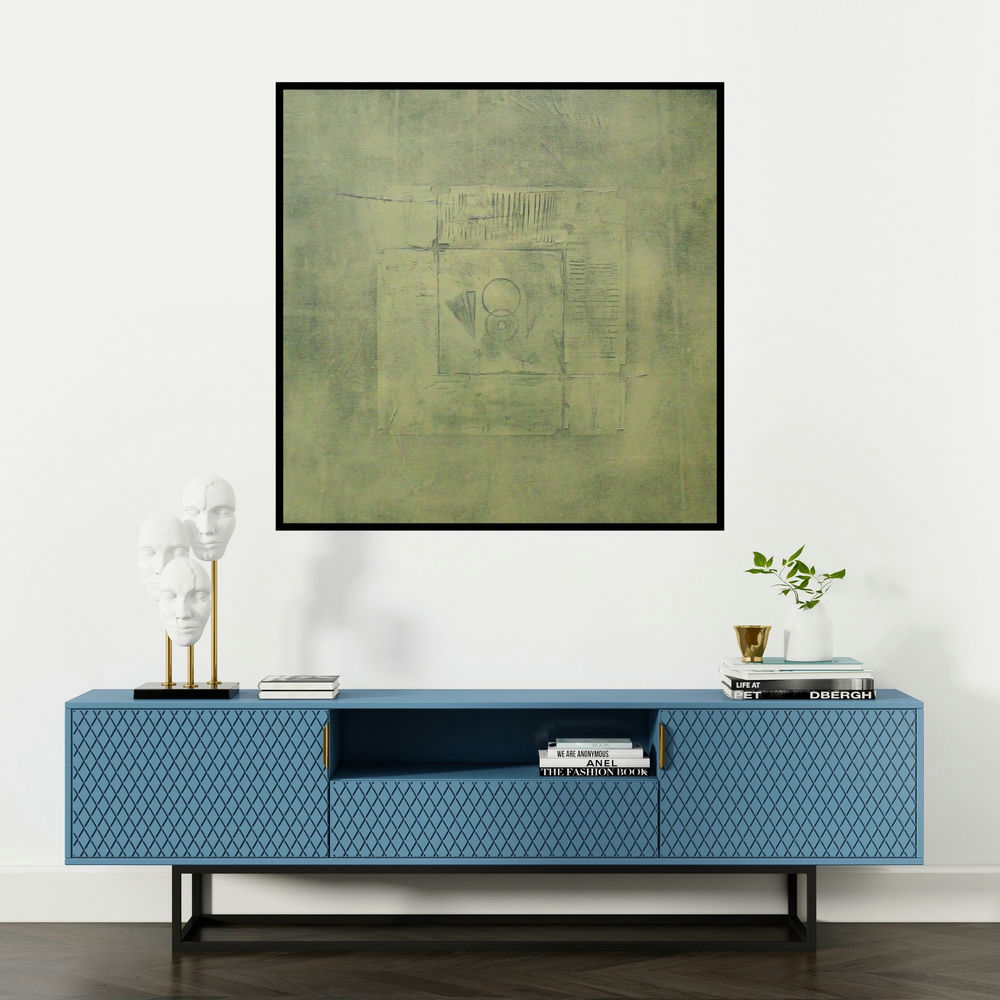 'Solid Green Abstract I' painting by Mohit Bhatia shown on a wall in a furnished room.