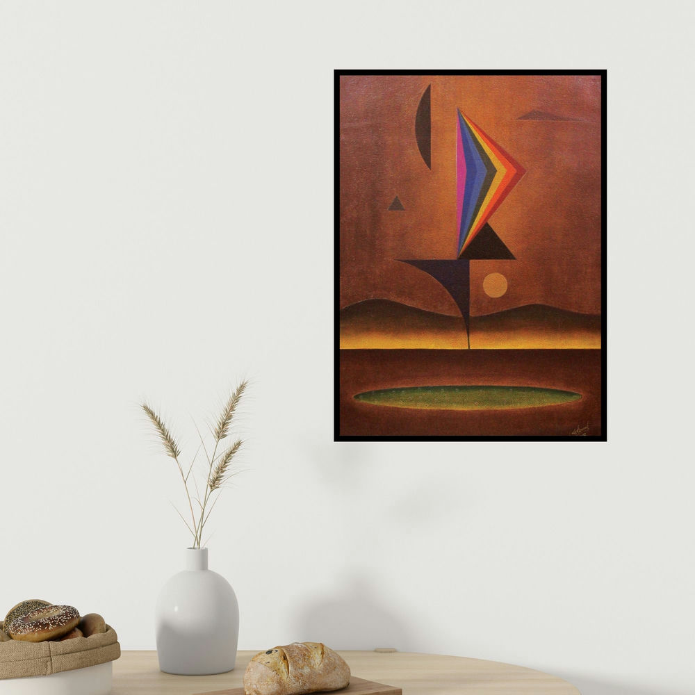 Surendra Chaware's 'Solitude 2 (Untitled)' painting visualized above a sofa in a contemporary room.