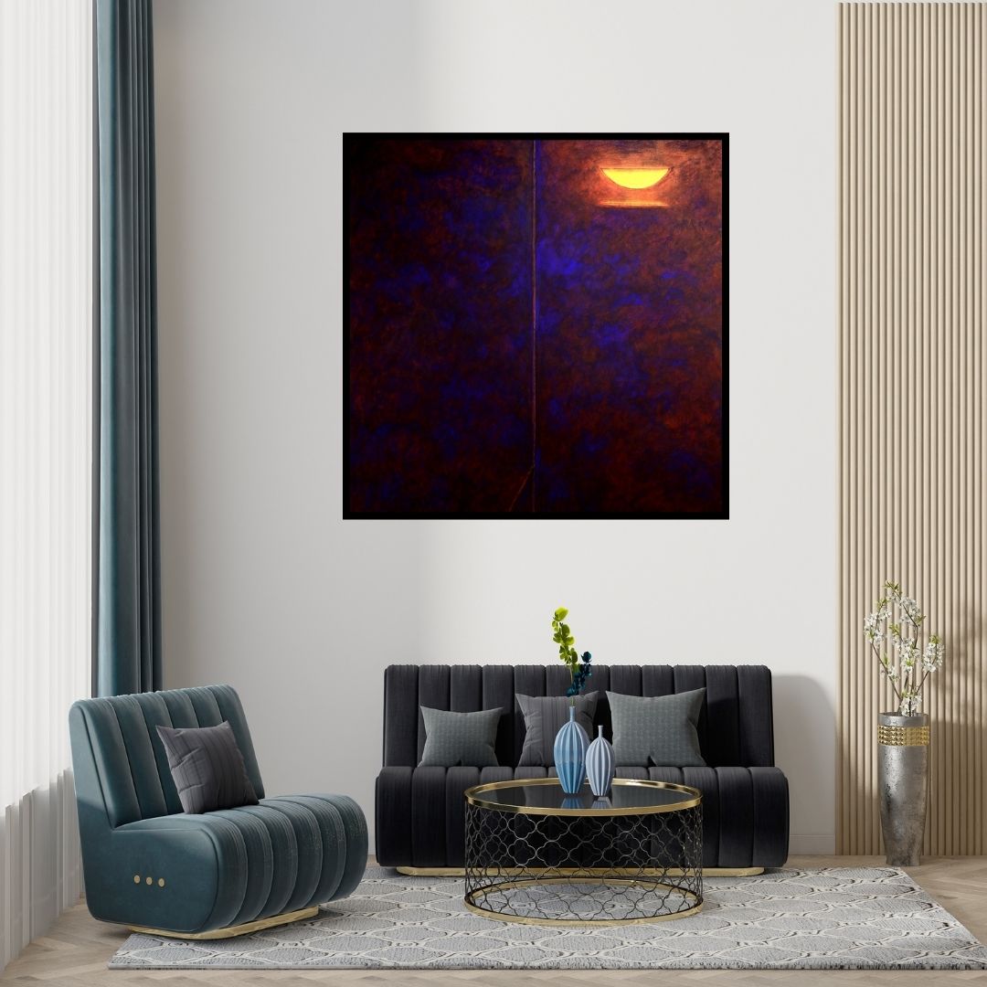 Preview of 'Solitude 6 (Celestial Divide)' Painting by Surendra Chaware shown on a wall in a furnished room.