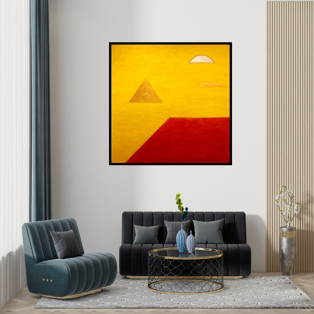 Preview of 'Solitude 7 (Sun, Moon, and Pyramid)' Painting by Surendra Chaware shown on a wall in a furnished room.