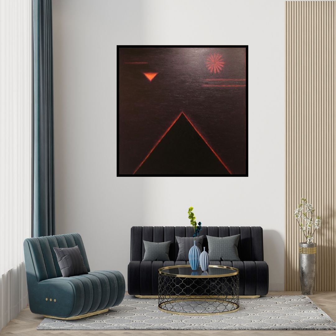 Preview of 'Solitude 8 (Celestial Ascent)' Painting by Surendra Chaware shown on a wall in a furnished room.