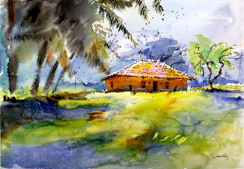Solitude In Green' landscape watercolor painting by artist Soven Roy, 14x20 inch, on paper