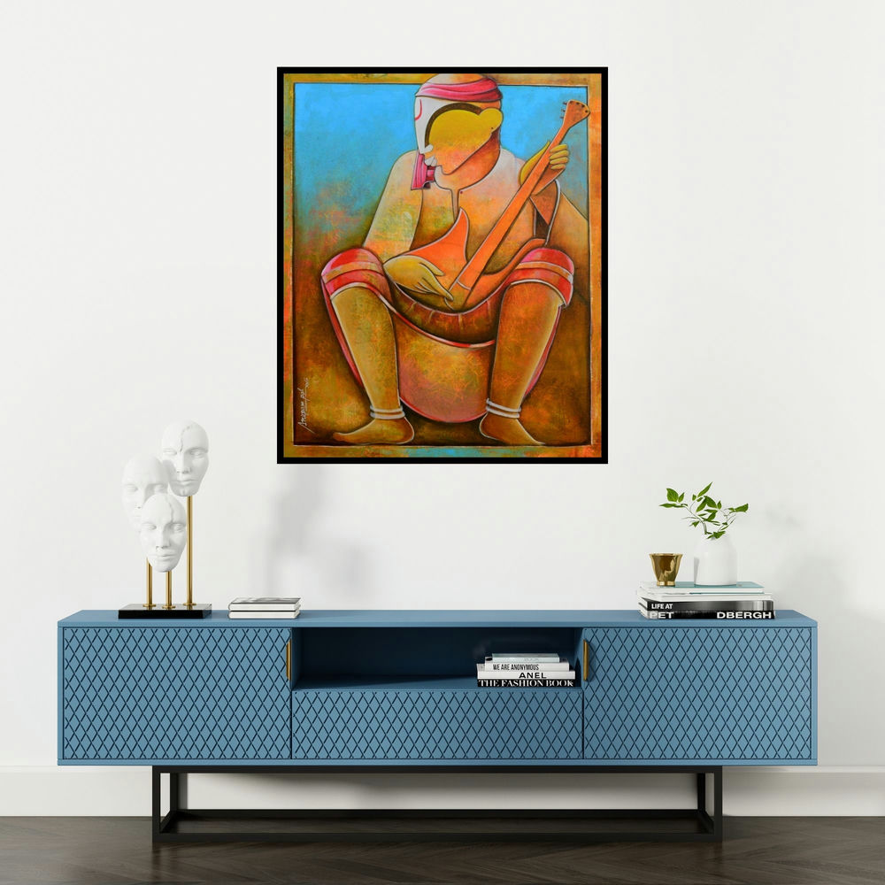 Anupam Pal's 'Solo Rhythms' painting visualized above a sofa in a contemporary room.