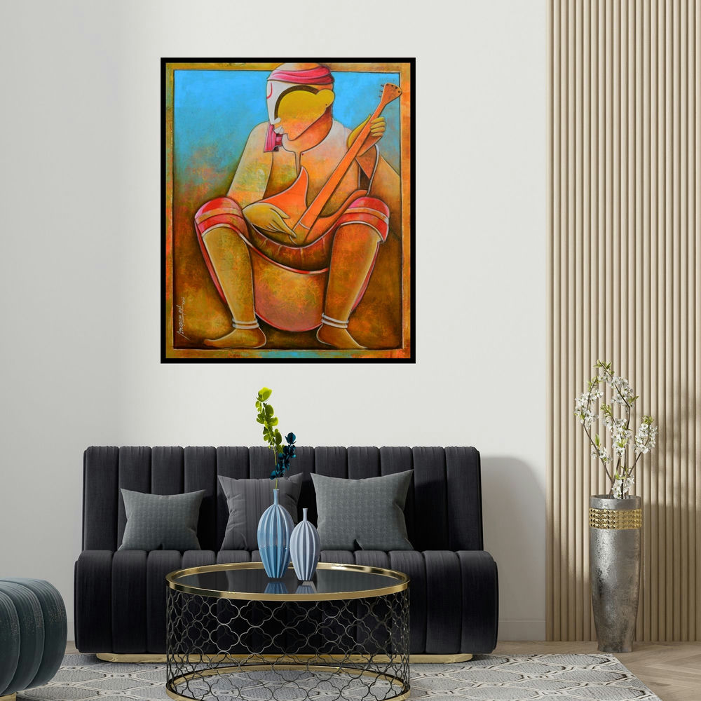 'Solo Rhythms' painting by Anupam Pal shown on a wall in a furnished room.