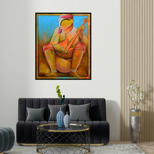 'Solo Rhythms' painting by Anupam Pal shown on a wall in a furnished room.