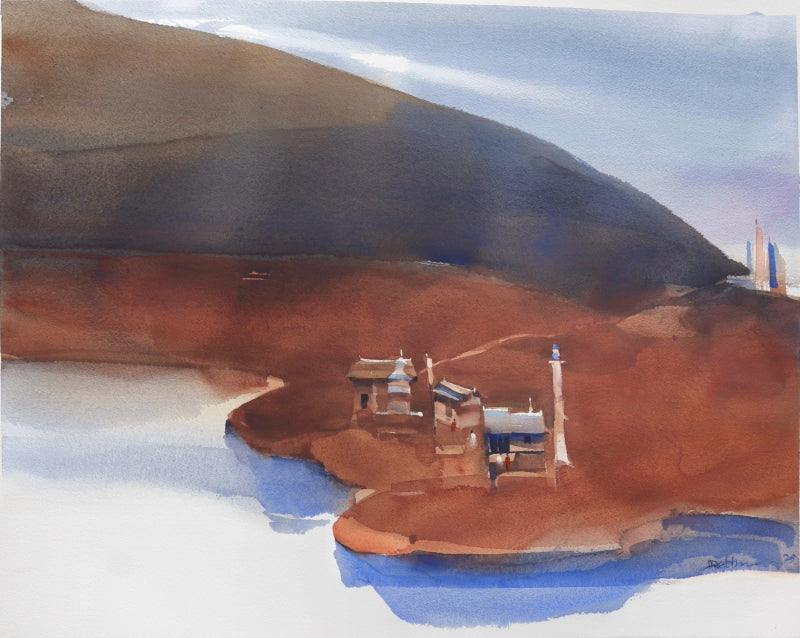 'Some Hamlet Amidst Spiti Reds' landscape watercolor painting by artist Prashant Prabhu, 22x30 inch, on paper