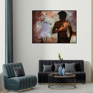 Amit Thombare's 'Some Relation' painting visualized above a sofa in a contemporary room.