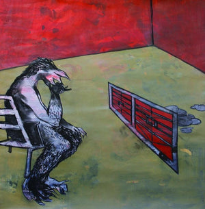 Something Missing (The Red Room Contemplation) by Rohan Koli, Original Mixed Media Contemporary Painting on Paper, Medium Square Wall Art