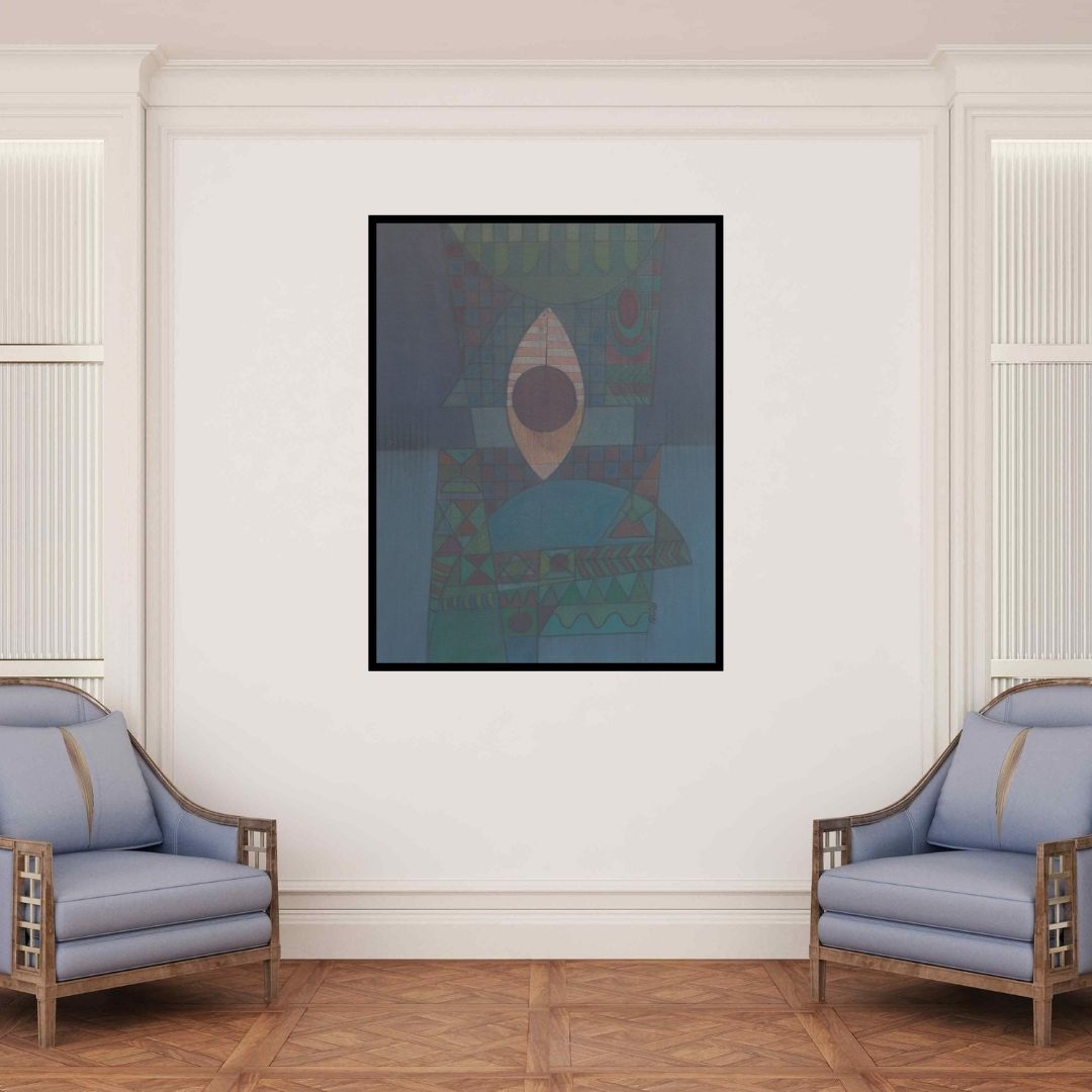 In-situ view of Digambar Gawali's 'Song Of Life 3 (The All-Seeing Eye)' painting in a room