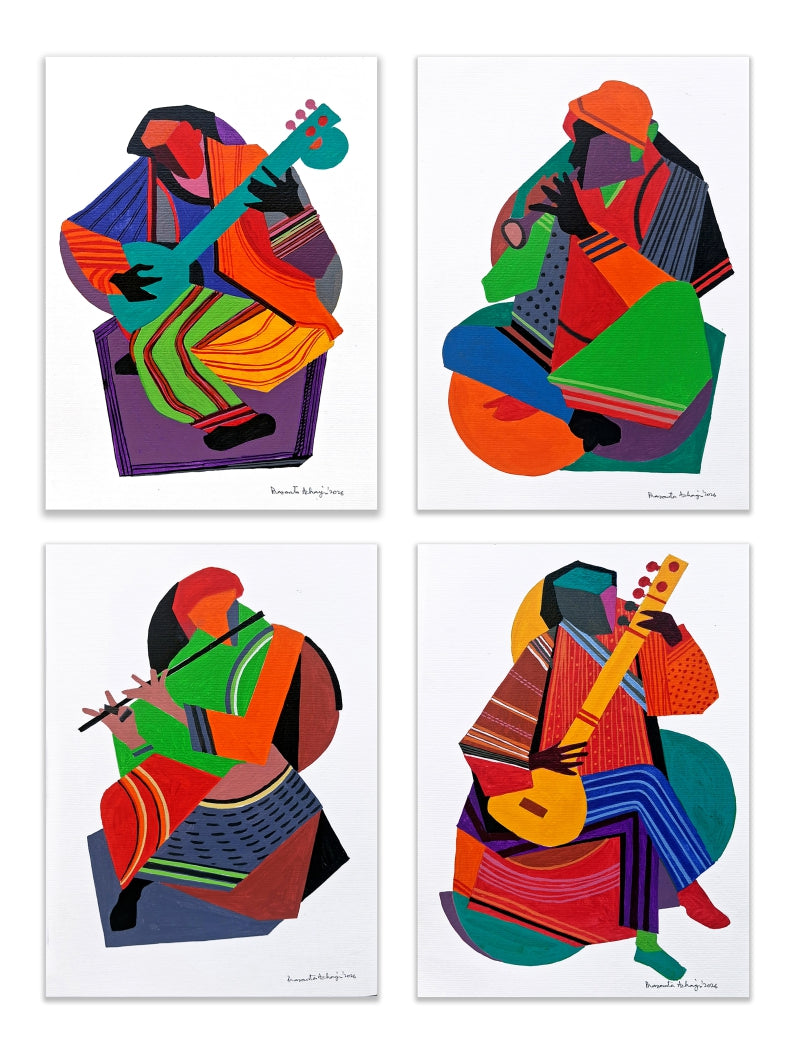 Songs In Fragments 5' figurative acrylic painting by artist Prasanta Acharjee, 12x8 inch, on brusto board