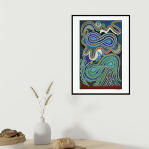 Jyoti Bhatt's 'Sorath Malhaar (Infinity Symbols and Text)' painting visualized above a sofa in a contemporary room.