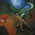 Surrealist oil painting titled 'Soul Carrier', 48x36 inches, by artist Dewakar Chandran on Canvas Board