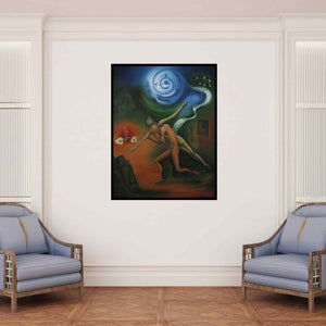 In-situ view of Dewakar Chandran's 'Soul Carrier (Celestial Embrace)' painting in a room