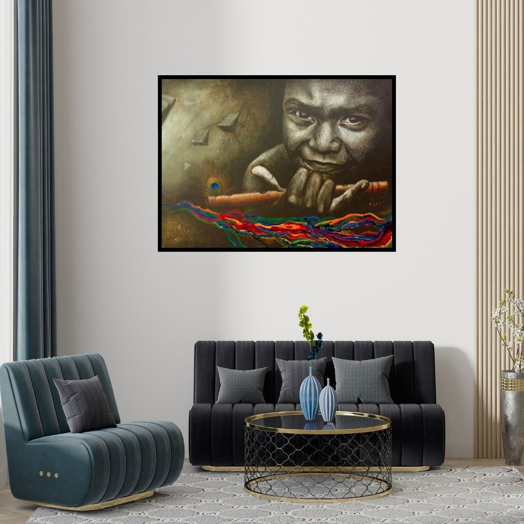 Preview of 'Soul Of Colorful Hope' Painting by Palash Halder shown on a wall in a furnished room.