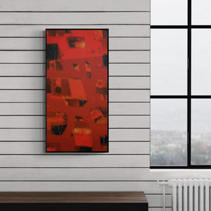 Preview of 'Soul Energy (Red Abstract Texture)' Painting by Jayesh Borse shown on a wall in a furnished room.