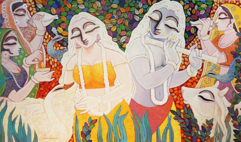 Soul Mate' religious acrylic painting by artist Subrata Ghosh, 39x67 inch, on canvas