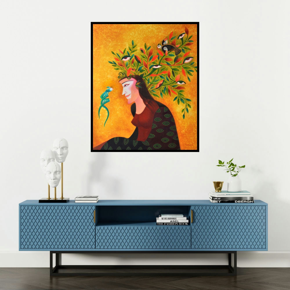 Vandana Rakesh's 'Soulful Conversation (Eyes of the Forest)' painting visualized above a sofa in a contemporary room.