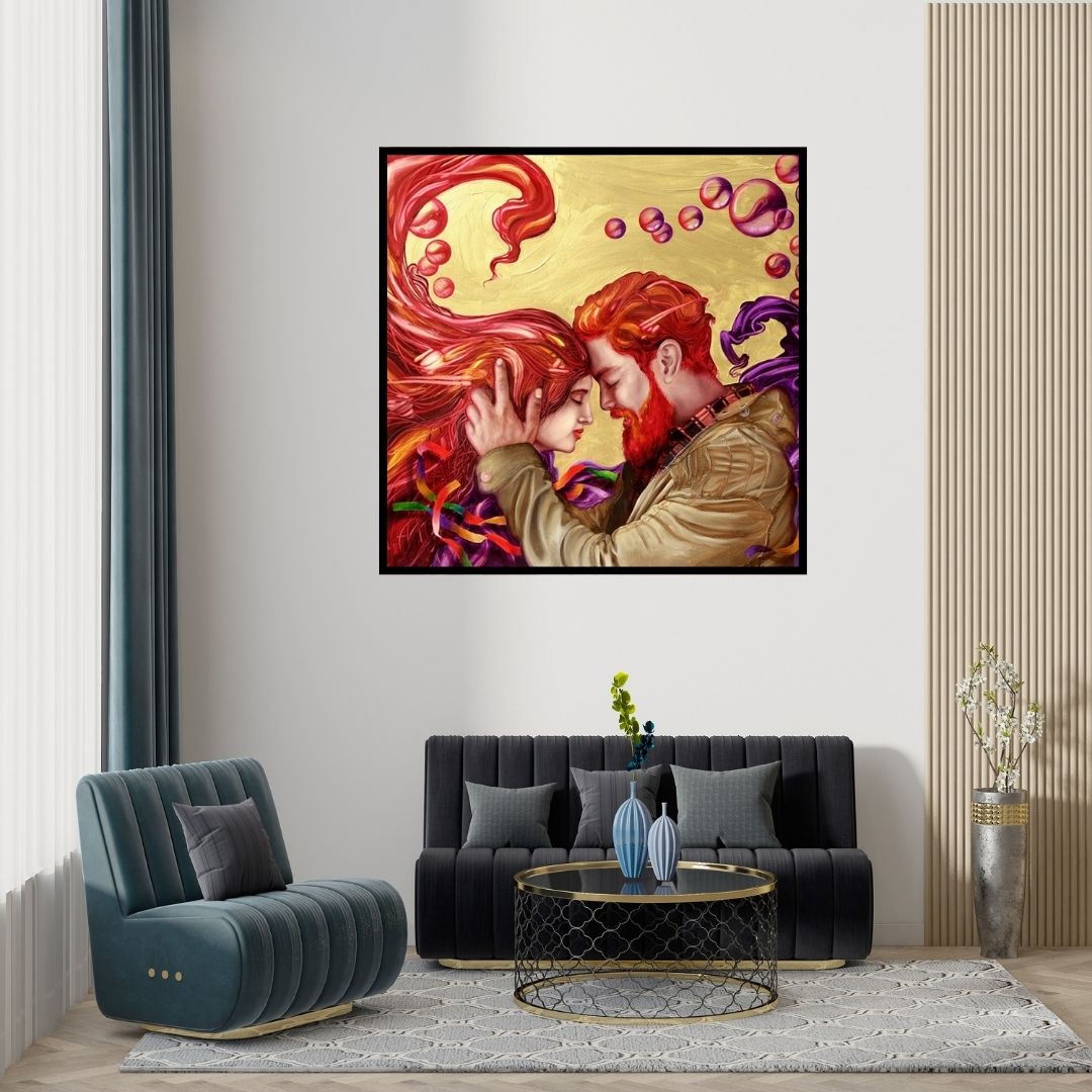 Preview of 'Soulmates 4' Painting by Ankur Rana shown on a wall in a furnished room.