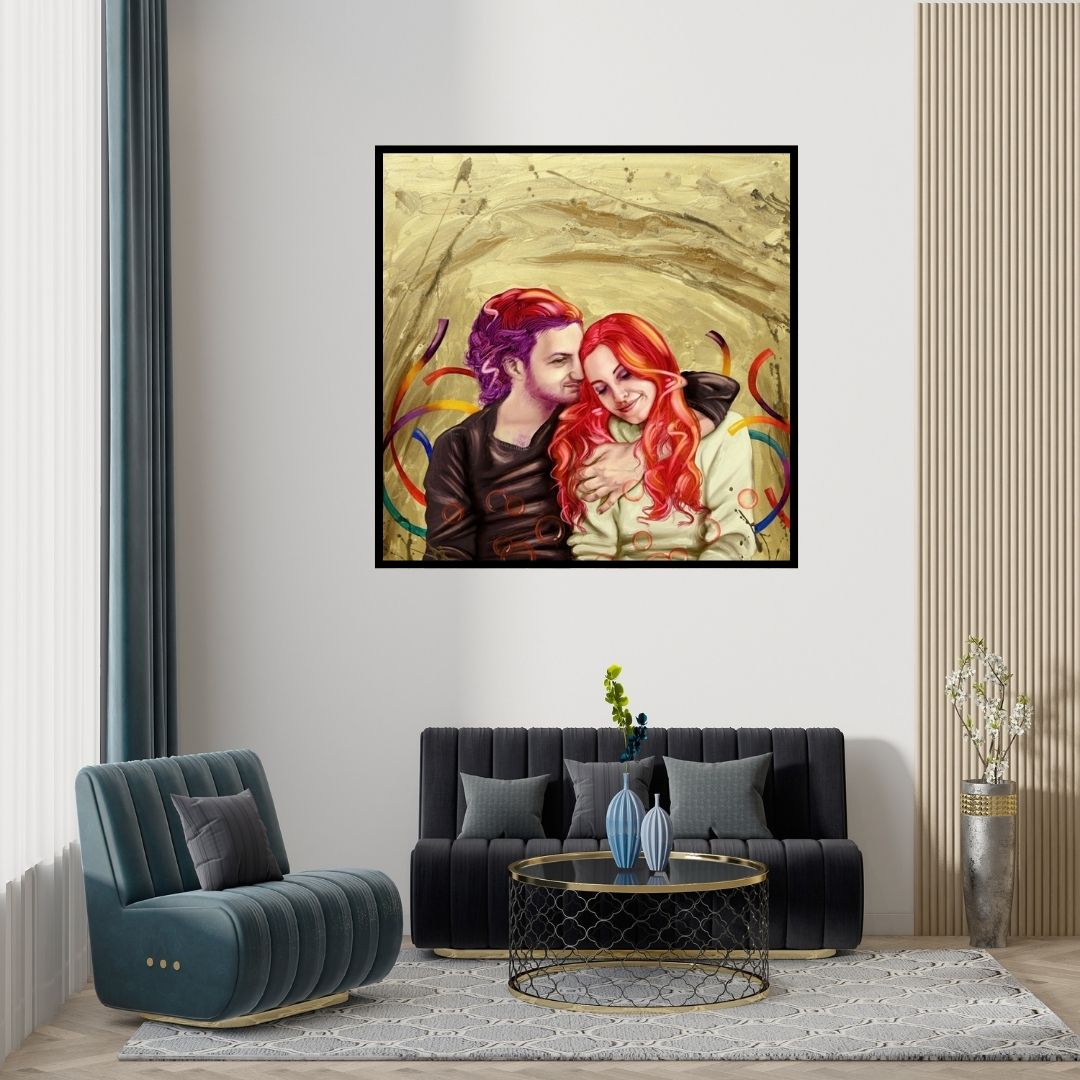 Preview of 'Soulmates 9' Painting by Ankur Rana shown on a wall in a furnished room.