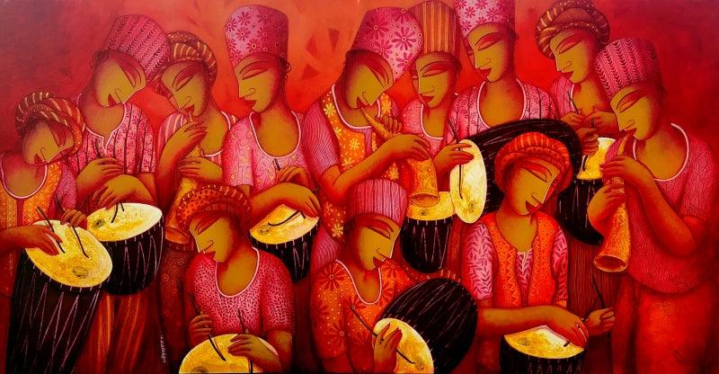Figurative acrylic painting titled 'Sound 64', 48x72 inches, by artist Samir Sarkar on Canvas