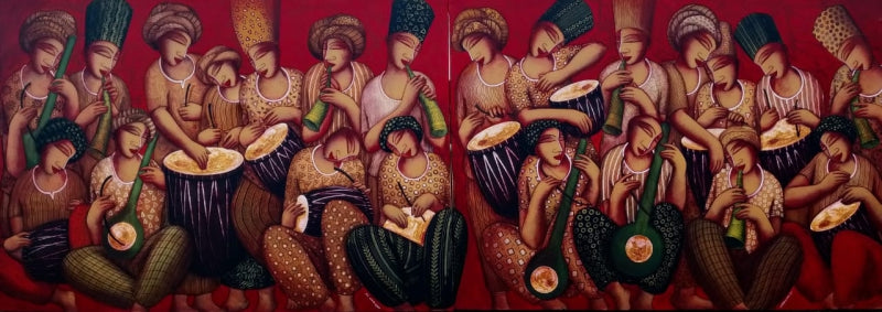 Figurative acrylic painting titled 'Sound 70 ( Diptych)', 42x120 inch, by artist Samir Sarkar on Canvas